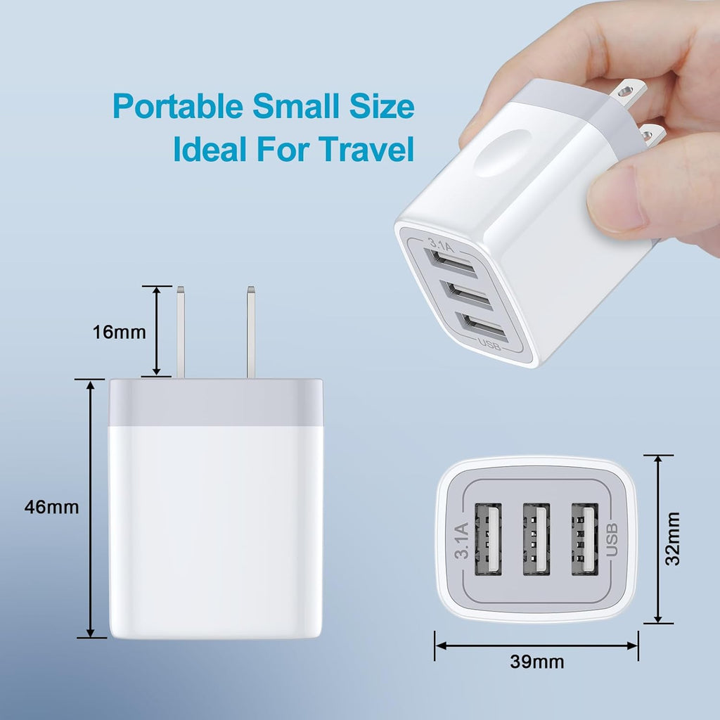 USB Wall Charger,  2Pack Wall Plug 3-Port USB Charging Station 3.1A Power Adapter Multi Port Quick Charger Block Cube for Iphone 17 16 15 14 13 12 11 Pro XS MAX 8 Ipad Samsung Galaxy S25 S24 S23